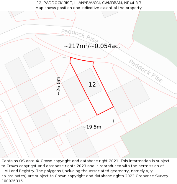 12, PADDOCK RISE, LLANYRAVON, CWMBRAN, NP44 8JB: Plot and title map