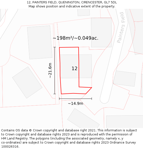12, PAINTERS FIELD, QUENINGTON, CIRENCESTER, GL7 5DL: Plot and title map