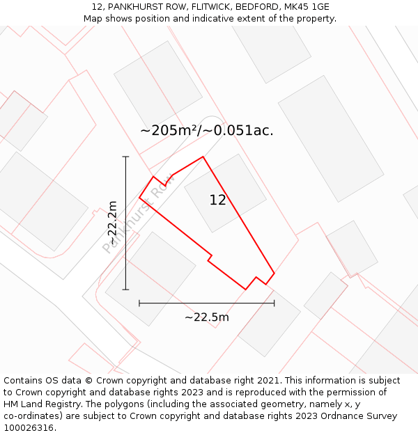 12, PANKHURST ROW, FLITWICK, BEDFORD, MK45 1GE: Plot and title map