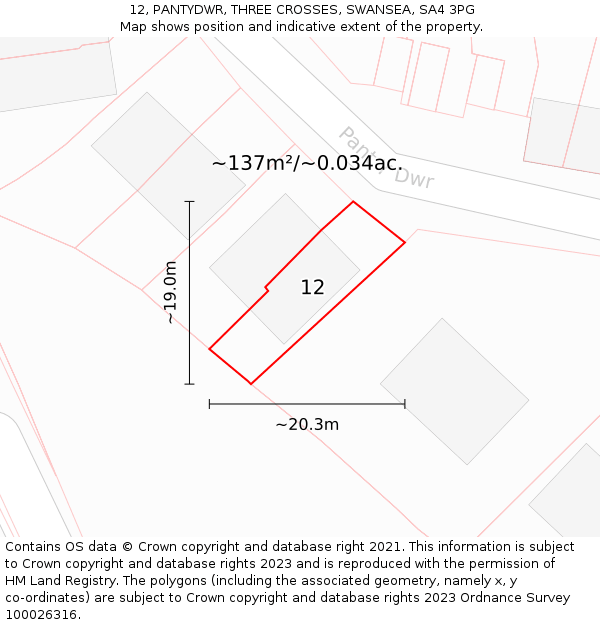 12, PANTYDWR, THREE CROSSES, SWANSEA, SA4 3PG: Plot and title map