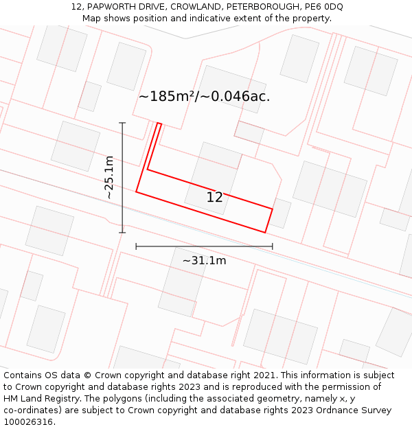 12, PAPWORTH DRIVE, CROWLAND, PETERBOROUGH, PE6 0DQ: Plot and title map