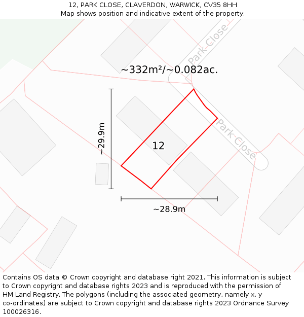 12, PARK CLOSE, CLAVERDON, WARWICK, CV35 8HH: Plot and title map