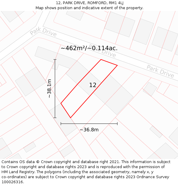 12, PARK DRIVE, ROMFORD, RM1 4LJ: Plot and title map