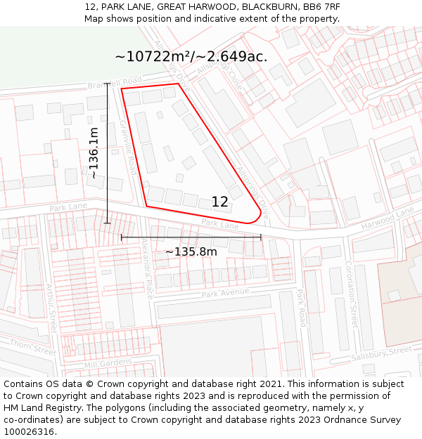 12, PARK LANE, GREAT HARWOOD, BLACKBURN, BB6 7RF: Plot and title map