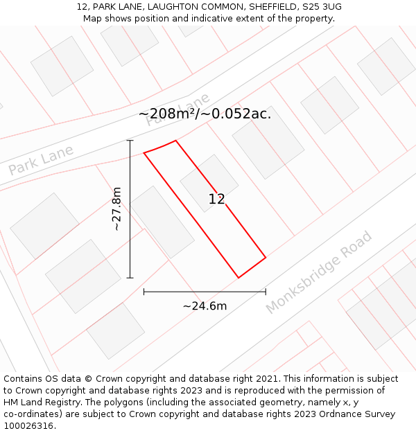 12, PARK LANE, LAUGHTON COMMON, SHEFFIELD, S25 3UG: Plot and title map