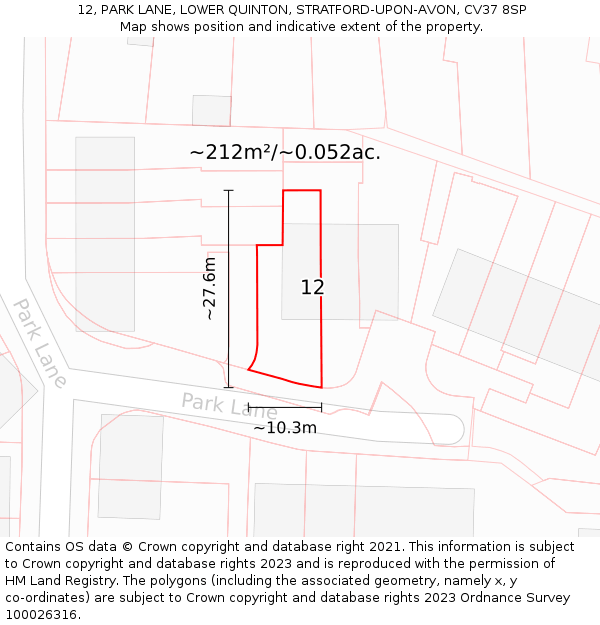 12, PARK LANE, LOWER QUINTON, STRATFORD-UPON-AVON, CV37 8SP: Plot and title map