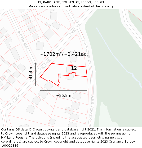 12, PARK LANE, ROUNDHAY, LEEDS, LS8 2EU: Plot and title map