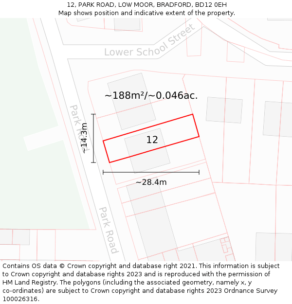 12, PARK ROAD, LOW MOOR, BRADFORD, BD12 0EH: Plot and title map
