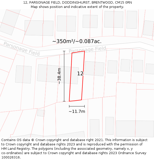 12, PARSONAGE FIELD, DODDINGHURST, BRENTWOOD, CM15 0RN: Plot and title map