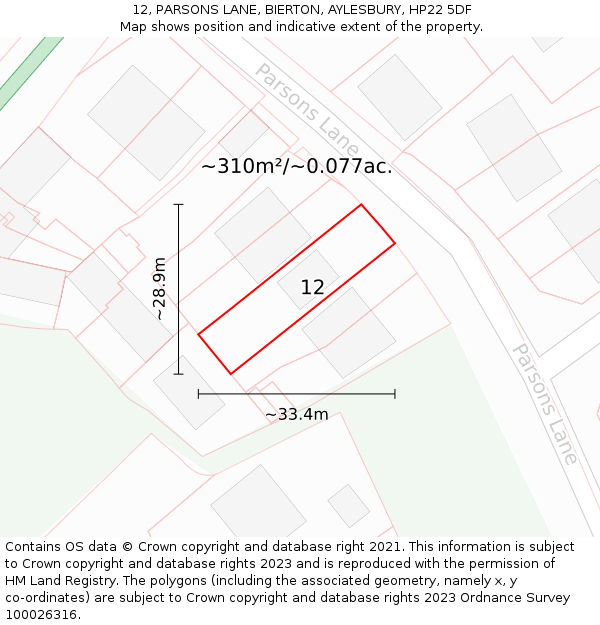 12, PARSONS LANE, BIERTON, AYLESBURY, HP22 5DF: Plot and title map