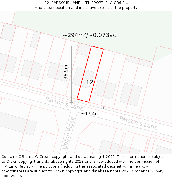 12, PARSONS LANE, LITTLEPORT, ELY, CB6 1JU: Plot and title map