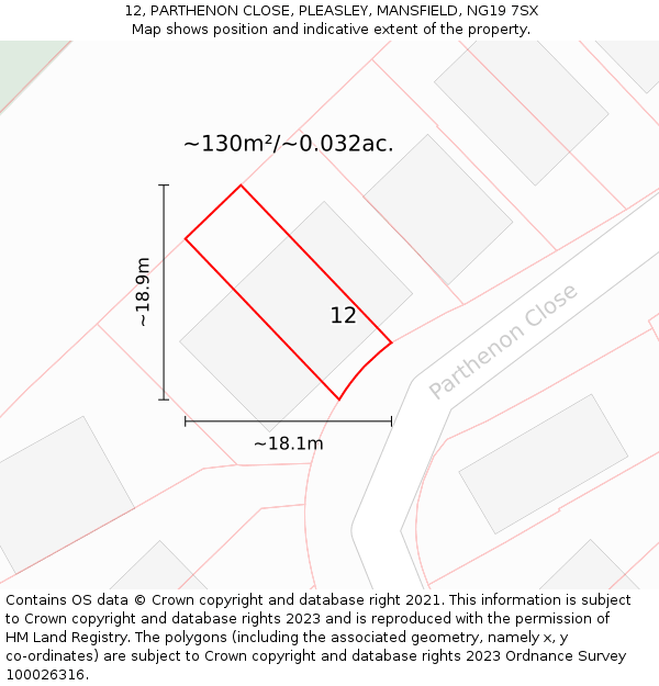 12, PARTHENON CLOSE, PLEASLEY, MANSFIELD, NG19 7SX: Plot and title map