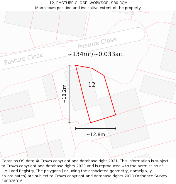 12, PASTURE CLOSE, WORKSOP, S80 3QA: Plot and title map