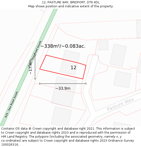 12, PASTURE WAY, BRIDPORT, DT6 4DL: Plot and title map