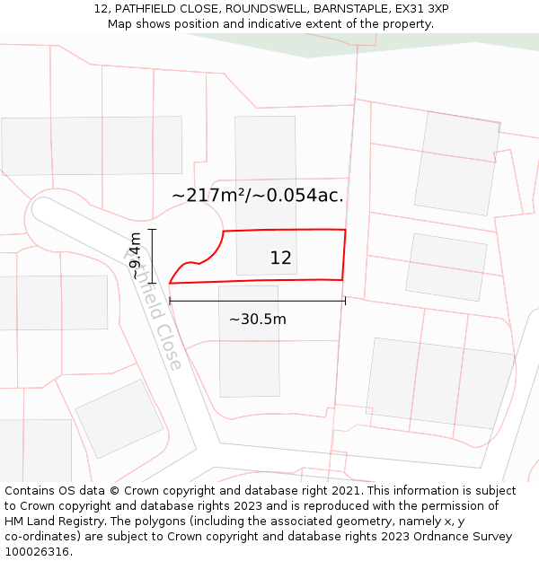 12, PATHFIELD CLOSE, ROUNDSWELL, BARNSTAPLE, EX31 3XP: Plot and title map