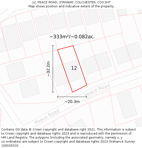 12, PEACE ROAD, STANWAY, COLCHESTER, CO3 0HT: Plot and title map