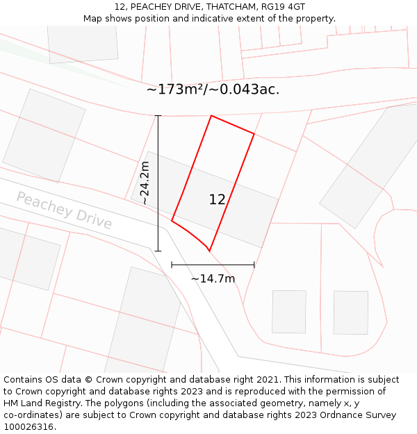 12, PEACHEY DRIVE, THATCHAM, RG19 4GT: Plot and title map