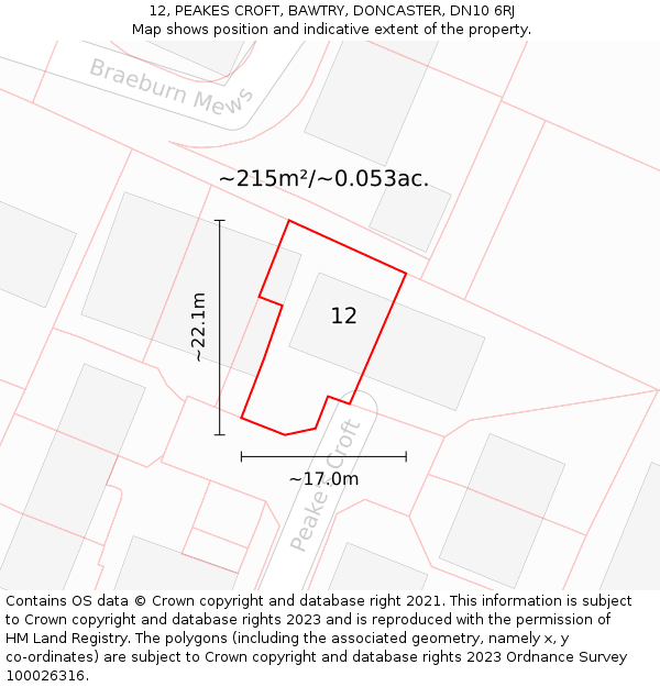 12, PEAKES CROFT, BAWTRY, DONCASTER, DN10 6RJ: Plot and title map