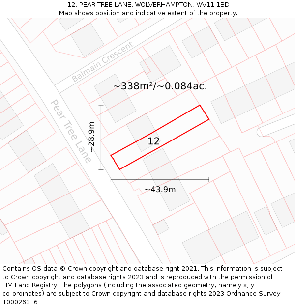 12, PEAR TREE LANE, WOLVERHAMPTON, WV11 1BD: Plot and title map