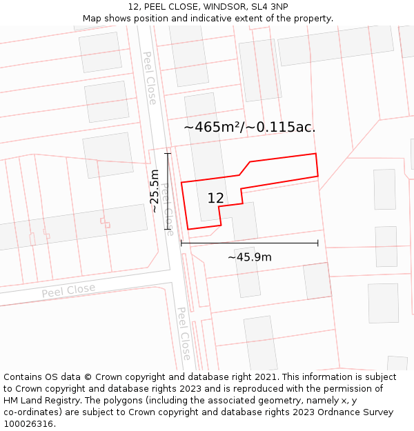 12, PEEL CLOSE, WINDSOR, SL4 3NP: Plot and title map