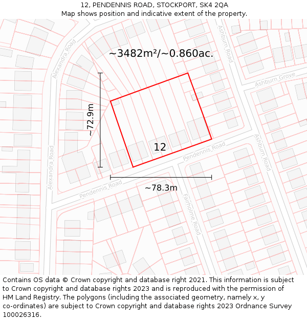 12, PENDENNIS ROAD, STOCKPORT, SK4 2QA: Plot and title map