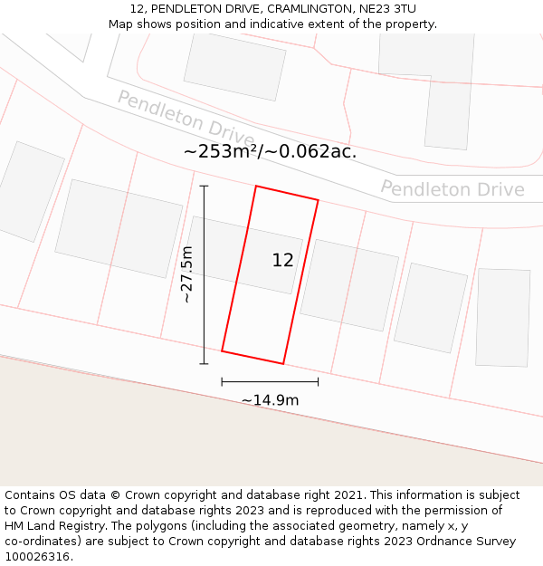 12, PENDLETON DRIVE, CRAMLINGTON, NE23 3TU: Plot and title map