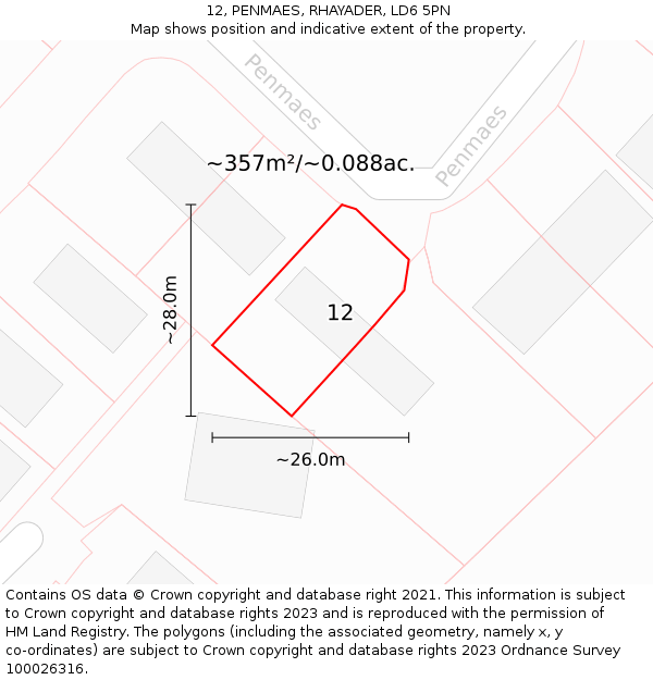 12, PENMAES, RHAYADER, LD6 5PN: Plot and title map
