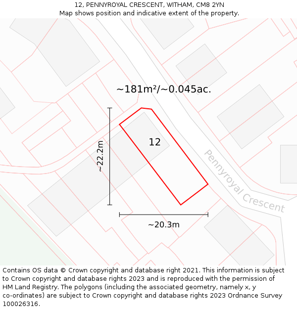12, PENNYROYAL CRESCENT, WITHAM, CM8 2YN: Plot and title map