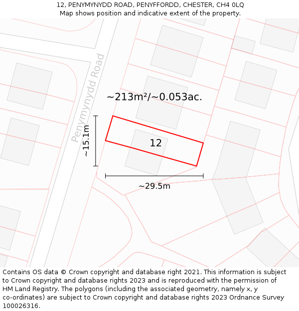 12, PENYMYNYDD ROAD, PENYFFORDD, CHESTER, CH4 0LQ: Plot and title map