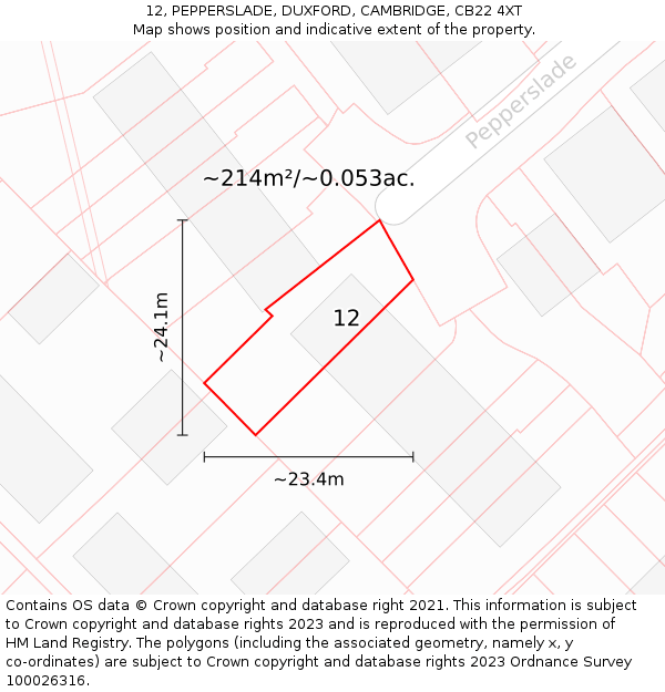 12, PEPPERSLADE, DUXFORD, CAMBRIDGE, CB22 4XT: Plot and title map