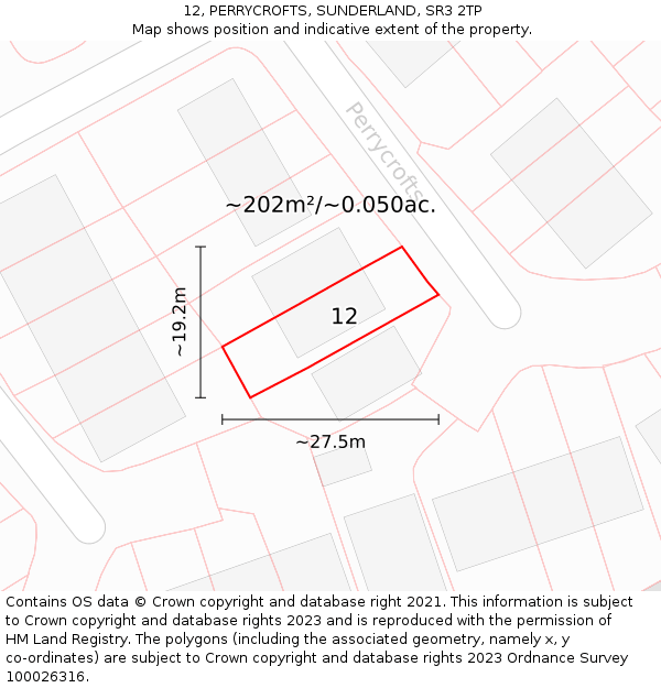 12, PERRYCROFTS, SUNDERLAND, SR3 2TP: Plot and title map