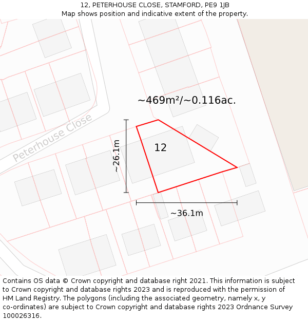 12, PETERHOUSE CLOSE, STAMFORD, PE9 1JB: Plot and title map