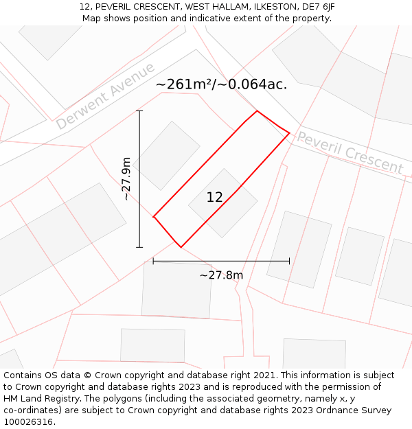 12, PEVERIL CRESCENT, WEST HALLAM, ILKESTON, DE7 6JF: Plot and title map