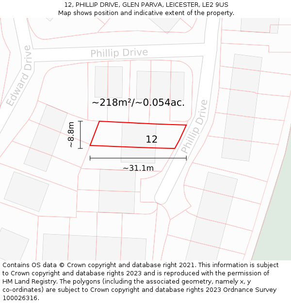 12, PHILLIP DRIVE, GLEN PARVA, LEICESTER, LE2 9US: Plot and title map
