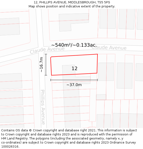 12, PHILLIPS AVENUE, MIDDLESBROUGH, TS5 5PS: Plot and title map