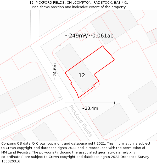12, PICKFORD FIELDS, CHILCOMPTON, RADSTOCK, BA3 4XU: Plot and title map