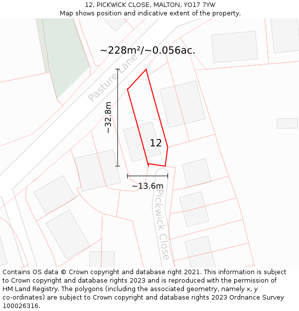 12, PICKWICK CLOSE, MALTON, YO17 7YW: Plot and title map
