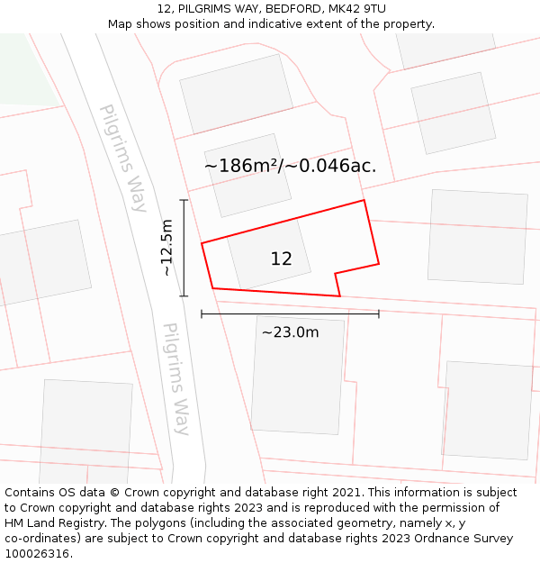 12, PILGRIMS WAY, BEDFORD, MK42 9TU: Plot and title map
