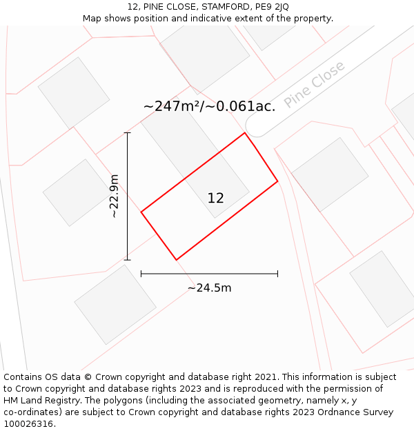 12, PINE CLOSE, STAMFORD, PE9 2JQ: Plot and title map
