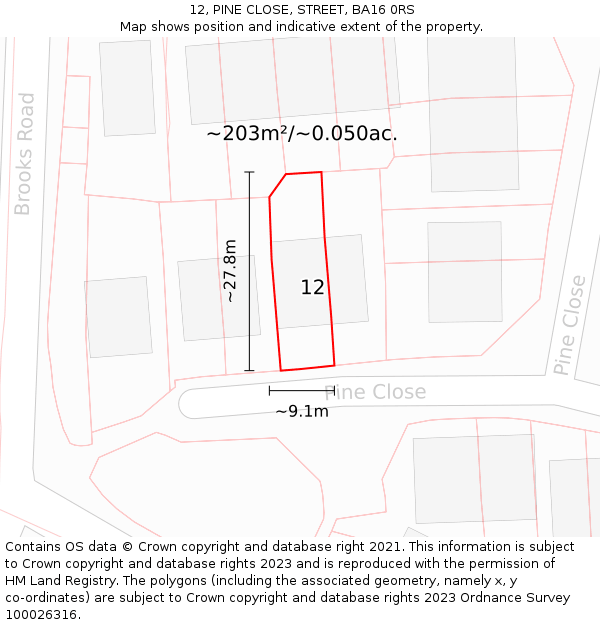 12, PINE CLOSE, STREET, BA16 0RS: Plot and title map