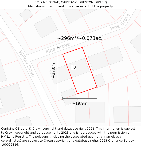 12, PINE GROVE, GARSTANG, PRESTON, PR3 1JQ: Plot and title map
