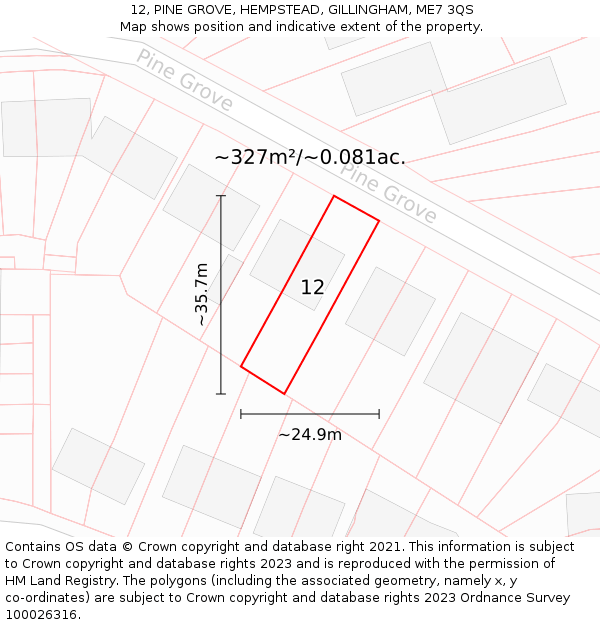 12, PINE GROVE, HEMPSTEAD, GILLINGHAM, ME7 3QS: Plot and title map