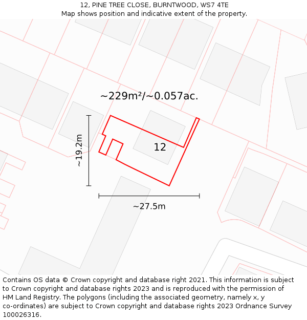 12, PINE TREE CLOSE, BURNTWOOD, WS7 4TE: Plot and title map