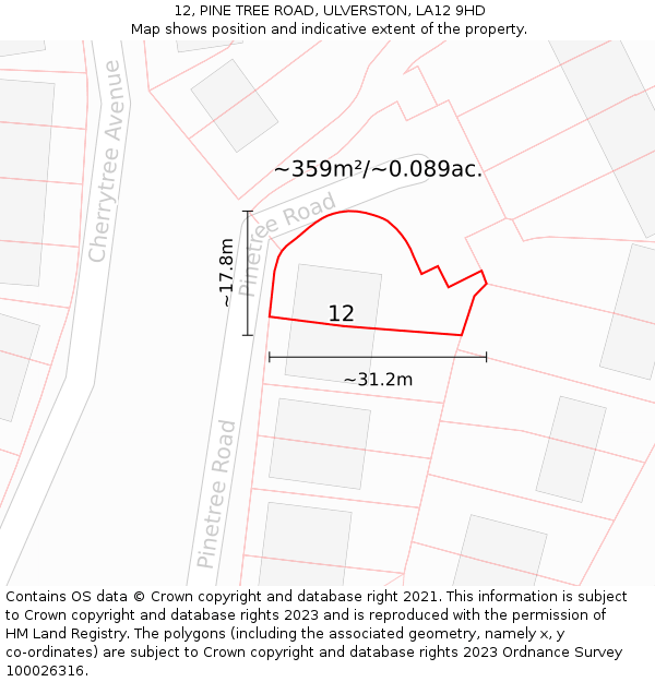 12, PINE TREE ROAD, ULVERSTON, LA12 9HD: Plot and title map