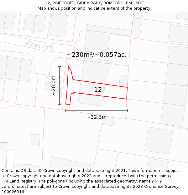 12, PINECROFT, GIDEA PARK, ROMFORD, RM2 6DG: Plot and title map