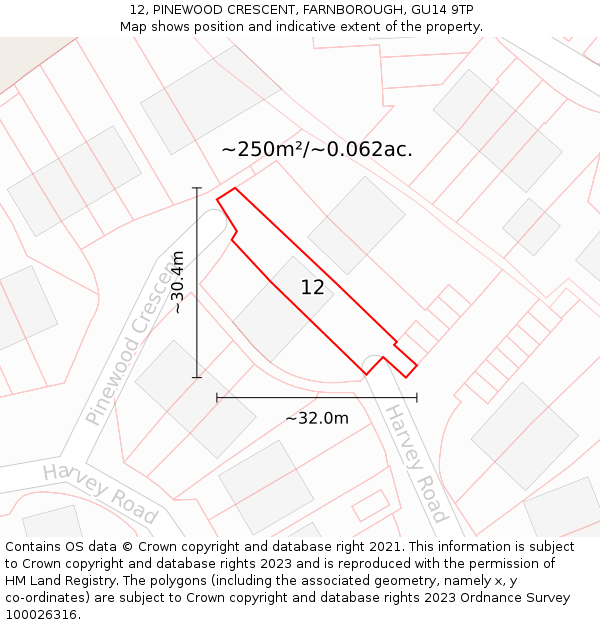 12, PINEWOOD CRESCENT, FARNBOROUGH, GU14 9TP: Plot and title map