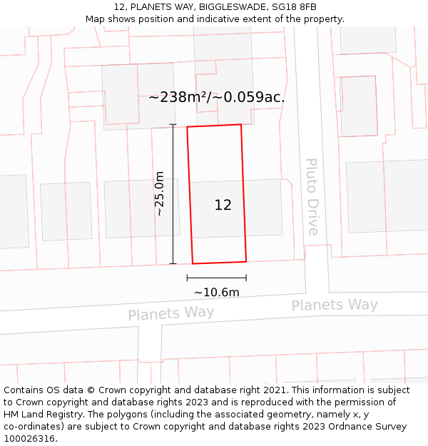 12, PLANETS WAY, BIGGLESWADE, SG18 8FB: Plot and title map