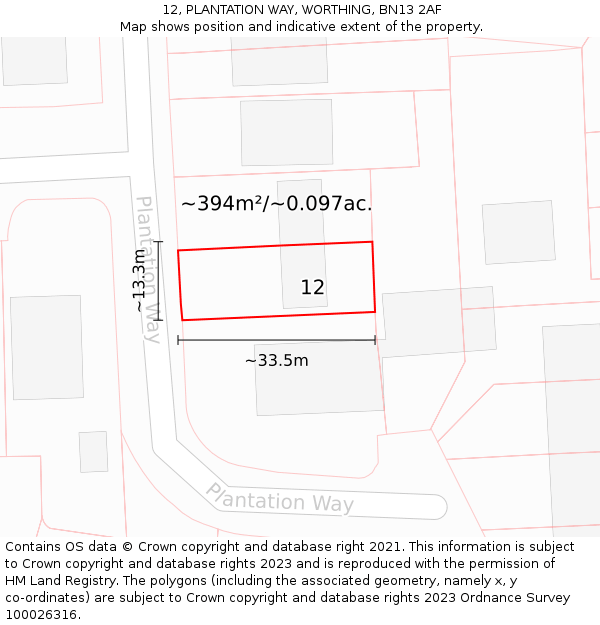 12, PLANTATION WAY, WORTHING, BN13 2AF: Plot and title map