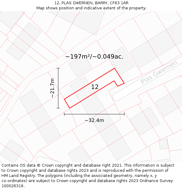12, PLAS GWERNEN, BARRY, CF63 1AR: Plot and title map