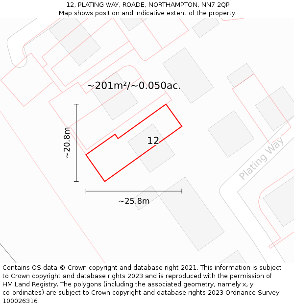 12, PLATING WAY, ROADE, NORTHAMPTON, NN7 2QP: Plot and title map